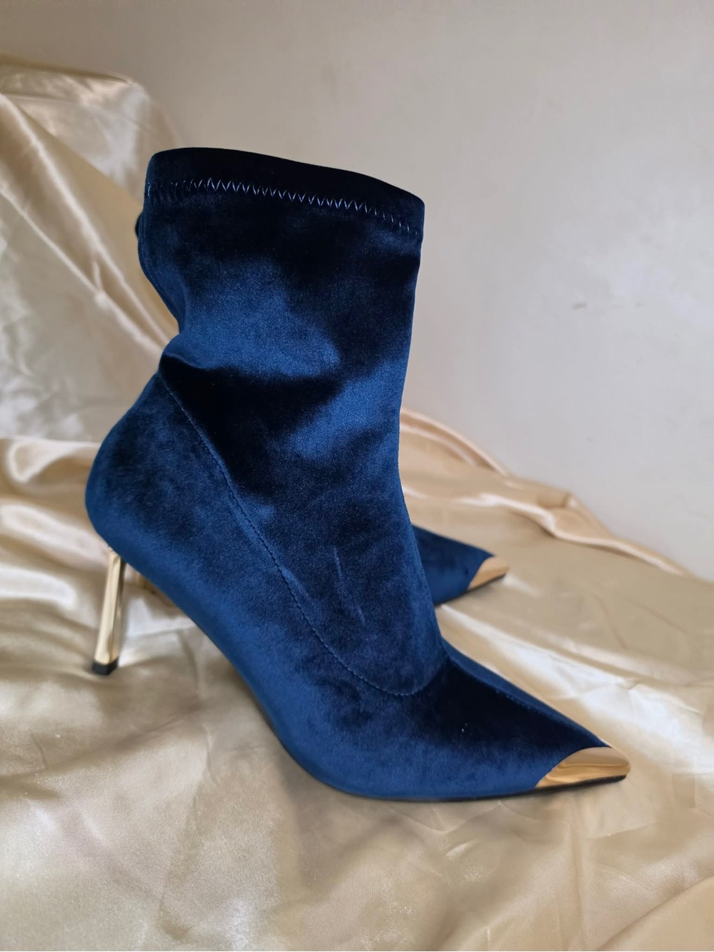 Elegant Navy Velvet Pointed Stiletto Ankle Boots with Gold Accents